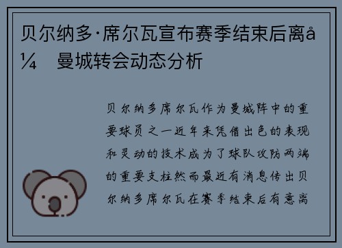 贝尔纳多·席尔瓦宣布赛季结束后离开曼城转会动态分析